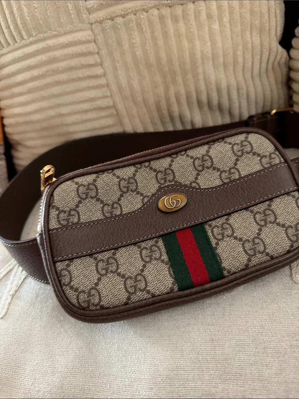 Gucci Brown GG Supreme Belt Bag with Green and Red Stripe